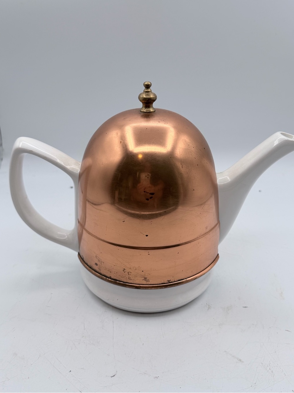 Vintage ODI Portugal Teapot: White Ceramic with Copper Cozy